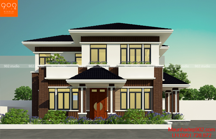 Mặt tiền nhà 2 tầng đẹp mái thái 4 phòng ngủ