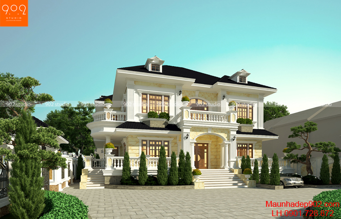 Phối cảnh thiết kế nhà 2 tầng đẹp tân cổ điển bán hầm