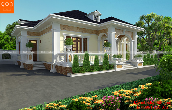 Phối cảnh 3: Thiết kế biệt thự 1 tầng nhà vườn 3 phòng ngủ 185m2 đẹp ở nông thôn