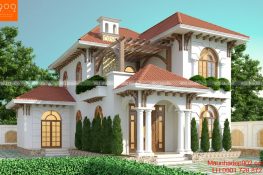 Bản vẽ mặt tiền mẫu nhà 2 tầng mái ngói 4 phòng ngủ