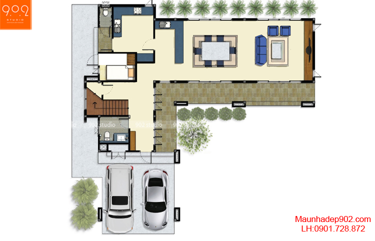 Thiết kế biệt thự đẹp - Mặt bằng tầng 1 - BT73 Tầng 1 bao gồm : 1 phòng khách , 1 bếp + ăn , 1 phòng ngủ , 1 WC , gara.
