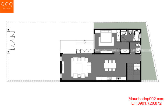 Mặt bằng công năng tầng 1 - Mẫu nhà hiện đại 2 phòng ngủ