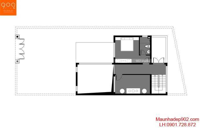 Mặt bằng công năng tầng 2 - Mẫu nhà hiện đại 2 phòng ngủ